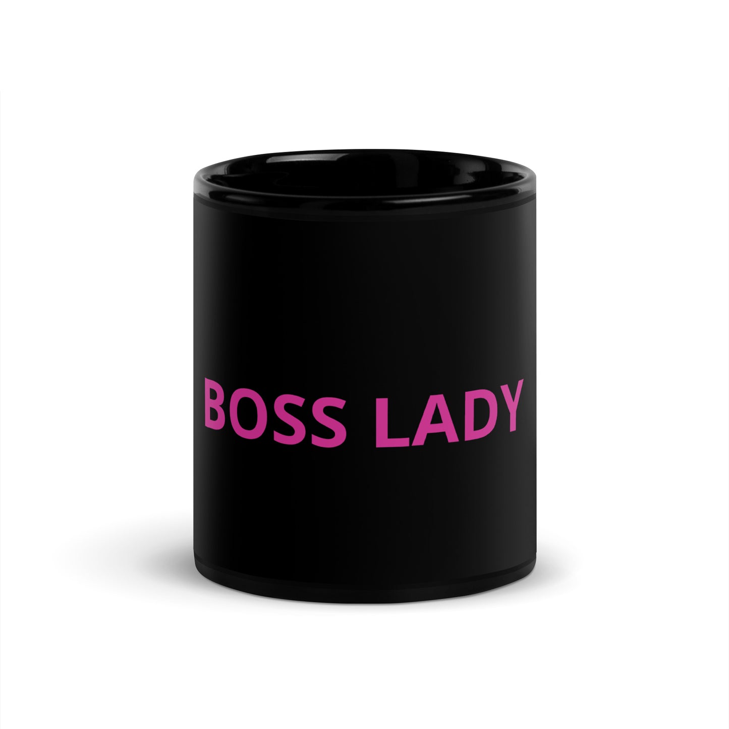 Schwarze glänzende Tasse mit Aufschrift "Boss Lady" in pink