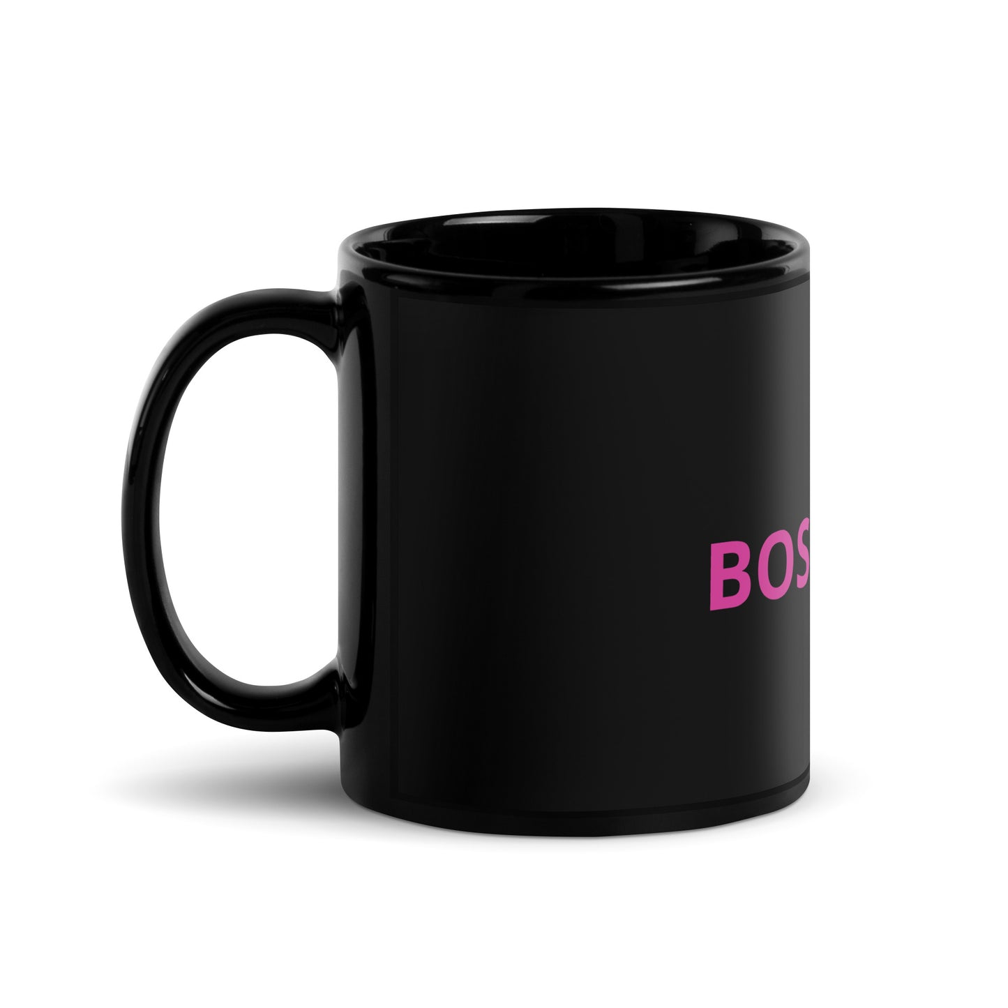 Schwarze glänzende Tasse mit Aufschrift "Boss Lady" in pink